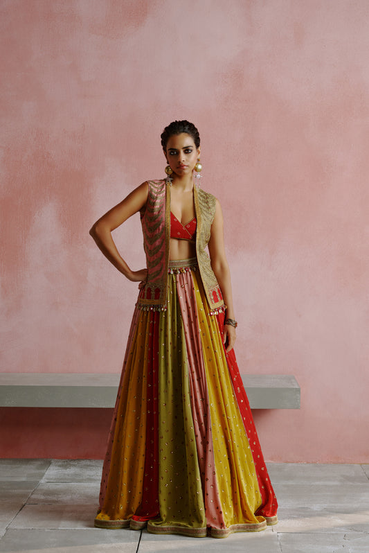 Multicolor Bandhani Lehanga Jacket Dori Embroidered Set