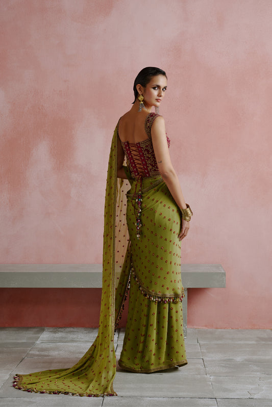 Olive Green Bandhani Corset Saree Set