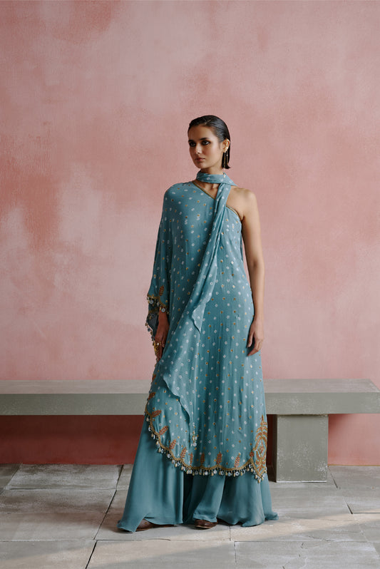Powder Blue Bandhani Kaftan Sharara Set
