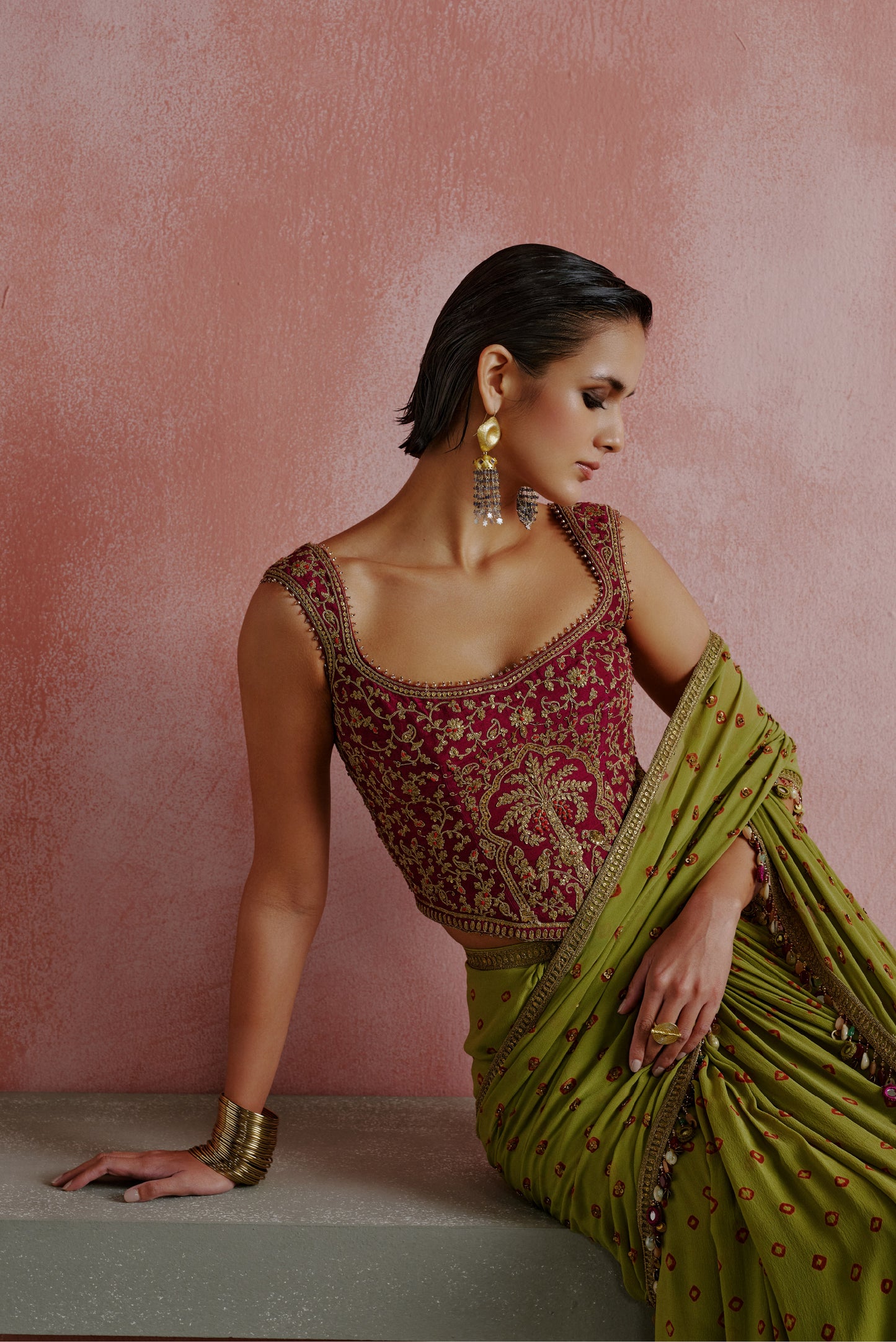 Olive Green Bandhani Corset Saree Set