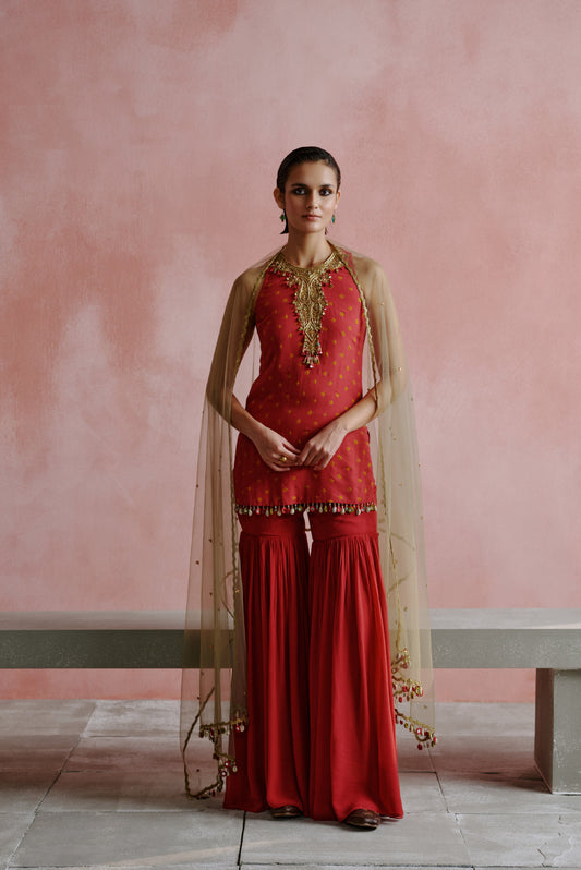Deep Pink Bandhani Short Kurta Ghagra Set