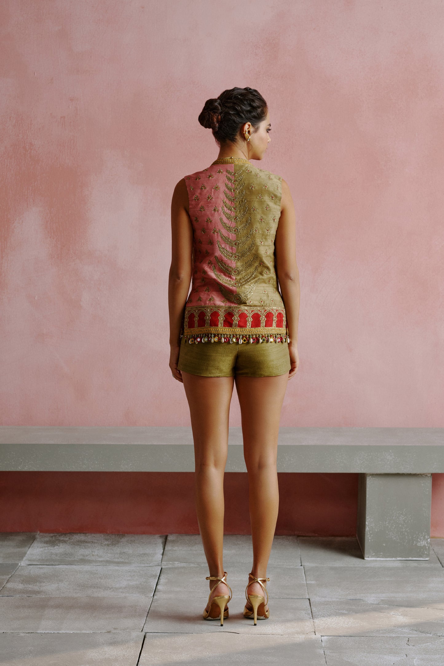 Olive Green Dori Embroidered Jacket Short Set