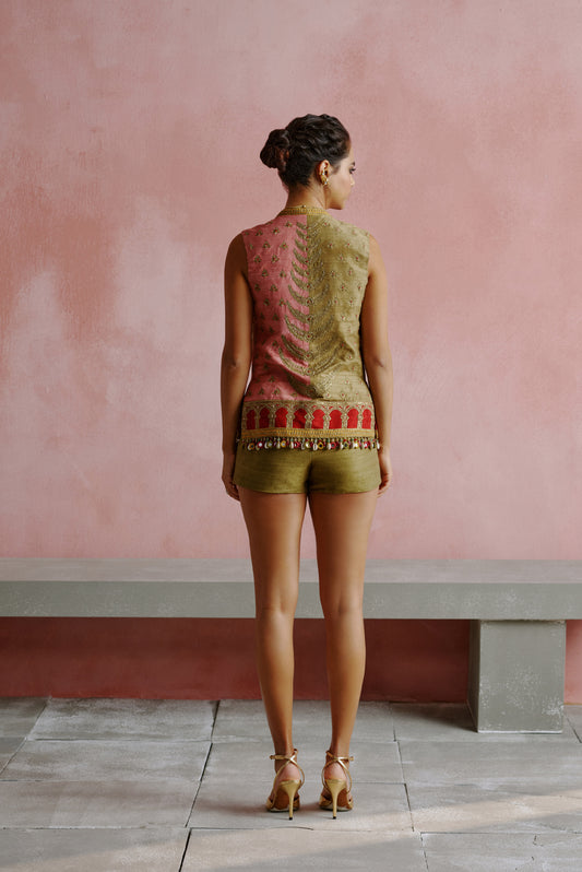 Olive Green Dori Embroidered Jacket Short Set