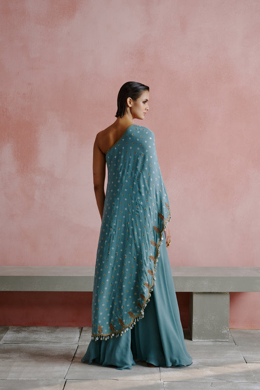 Powder Blue Bandhani Kaftan Sharara Set