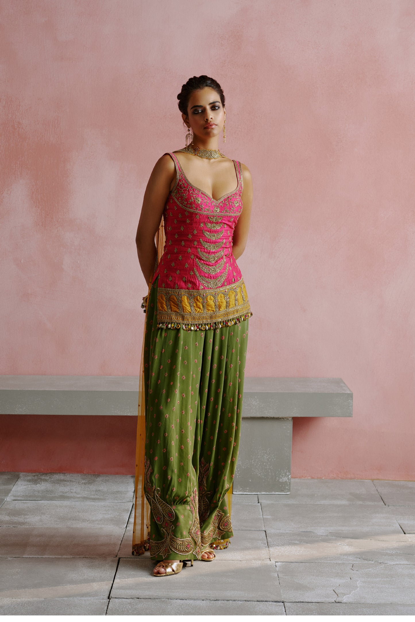 Rani Pink Dori Embroidered Bandhani Kurta Pants Set