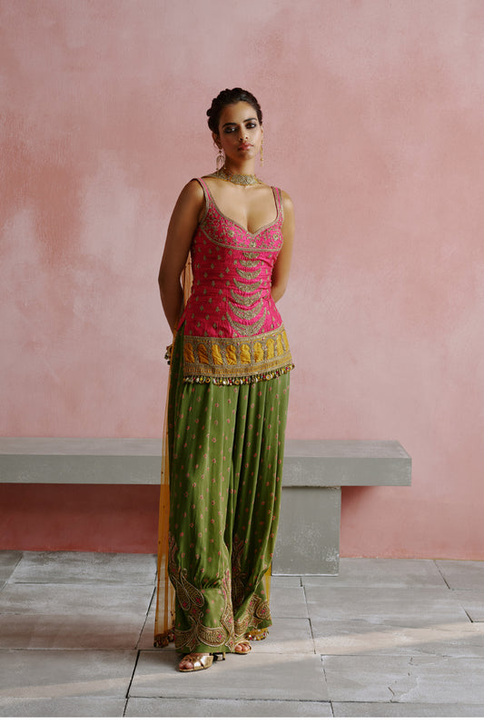 Rani Pink Dori Embroidered Bandhani Kurta Pants Set