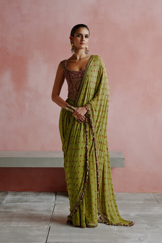 Olive Green Bandhani Corset Saree Set
