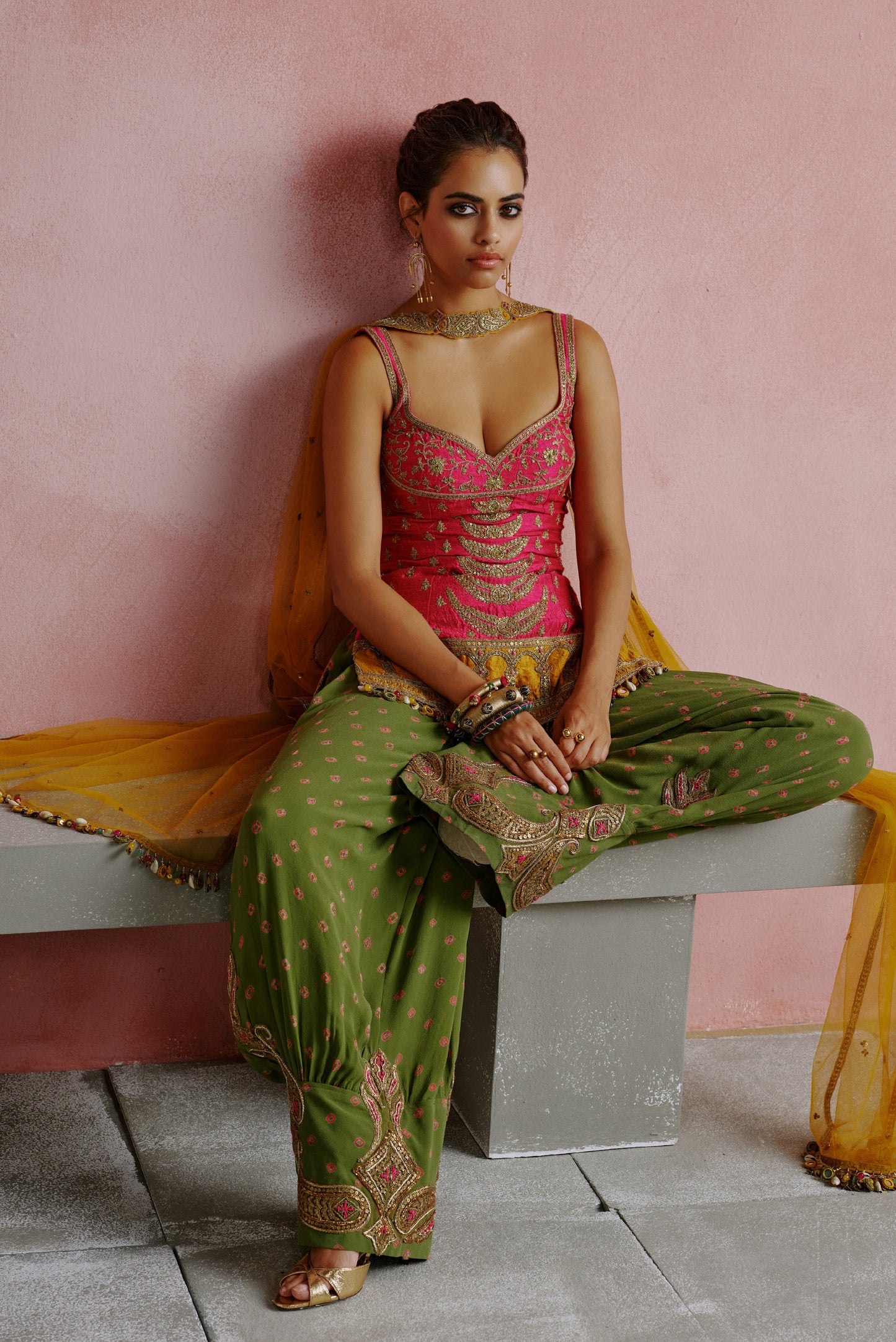 Rani Pink Dori Embroidered Bandhani Kurta Pants Set
