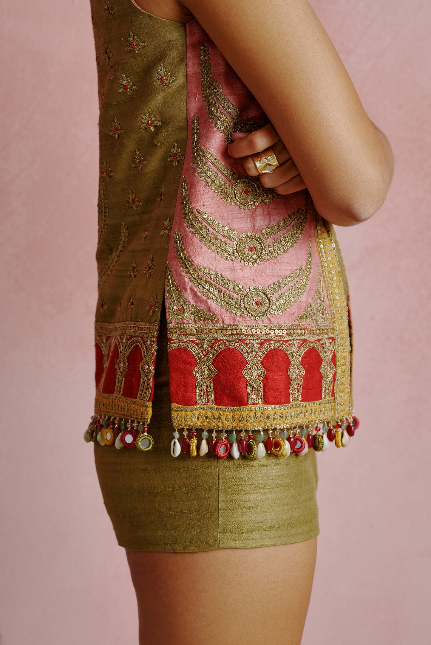 Olive Green Dori Embroidered Jacket Short Set