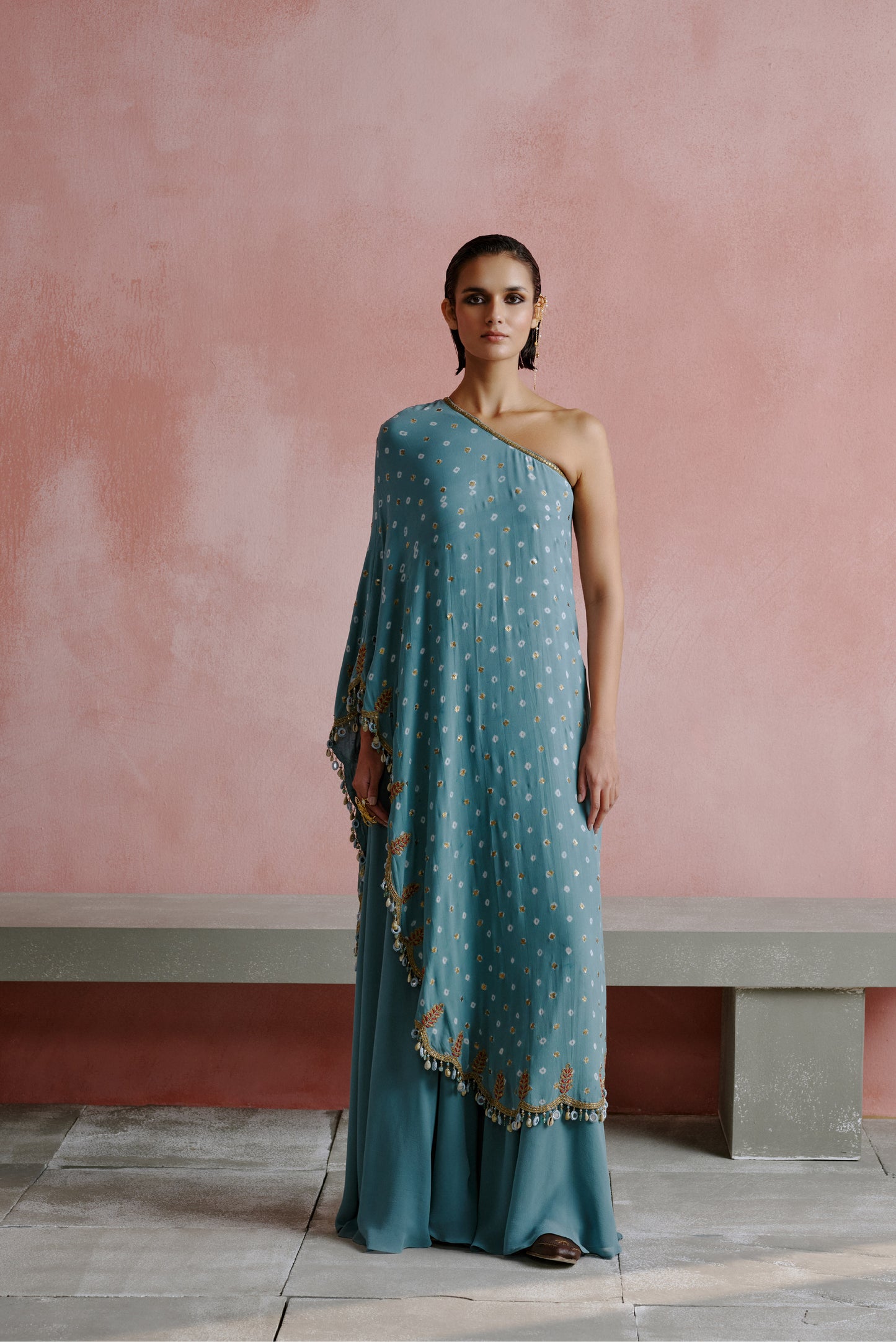 Powder Blue Bandhani Kaftan Sharara Set