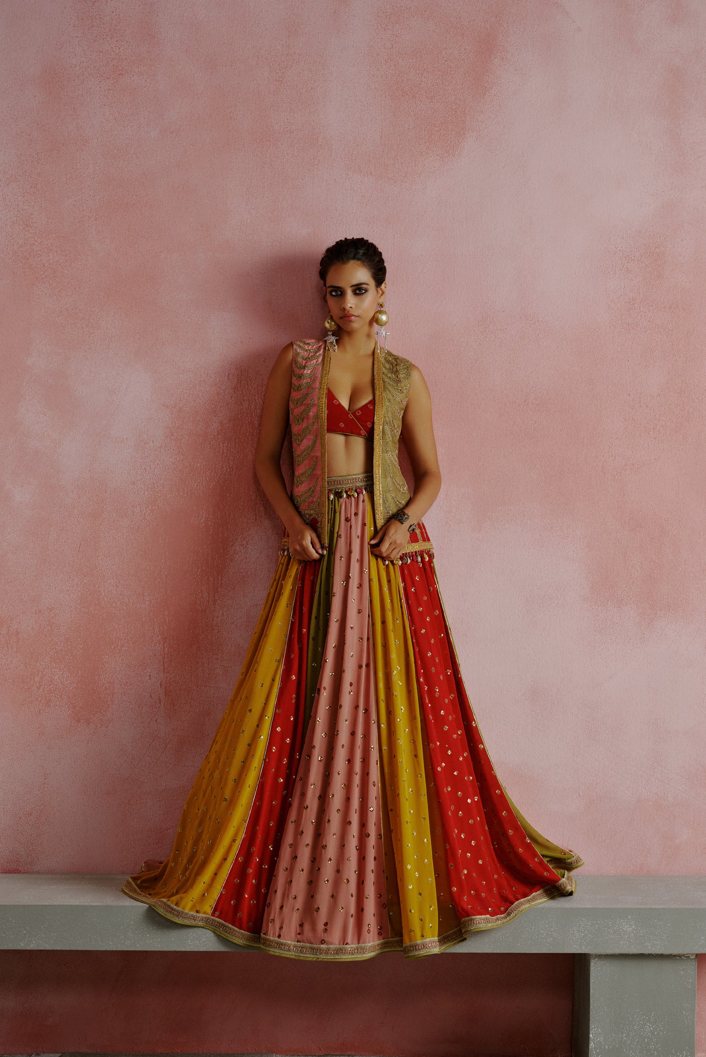 Multicolor Bandhani Lehanga Jacket Dori Embroidered Set
