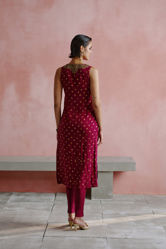Wine Dori Embroidered Long Bandhani Kurta Set