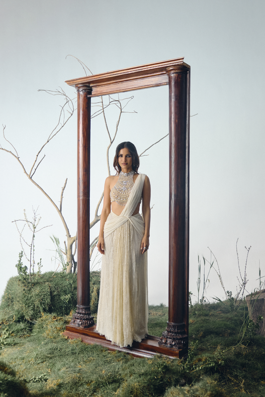 Ivory Crystal Embellished Lace Sari Set