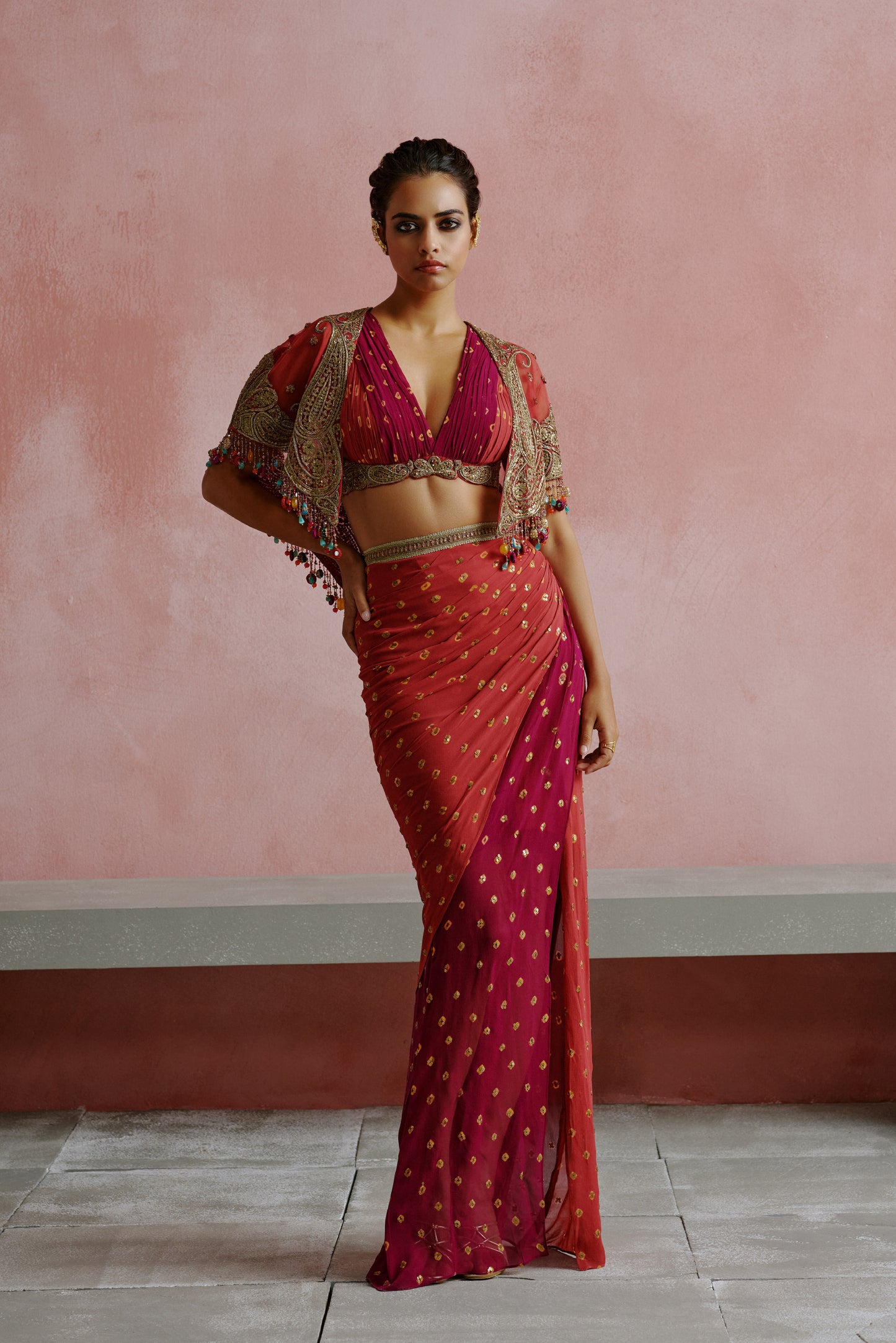 Deep Pink and Wine Bandhani Drape Skirt Set
