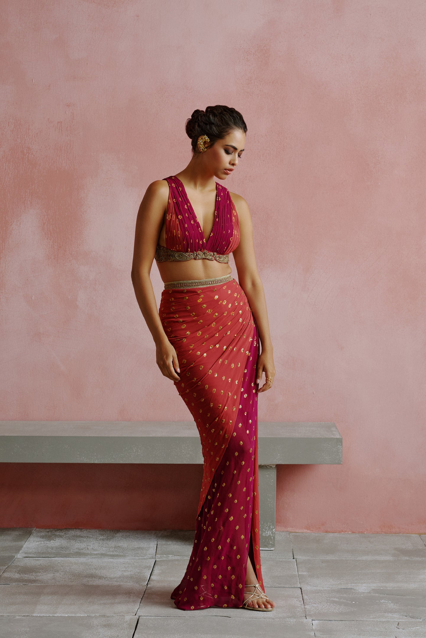 Deep Pink and Wine Bandhani Drape Skirt Set