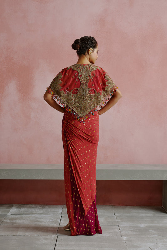 Deep Pink and Wine Bandhani Drape Skirt Set