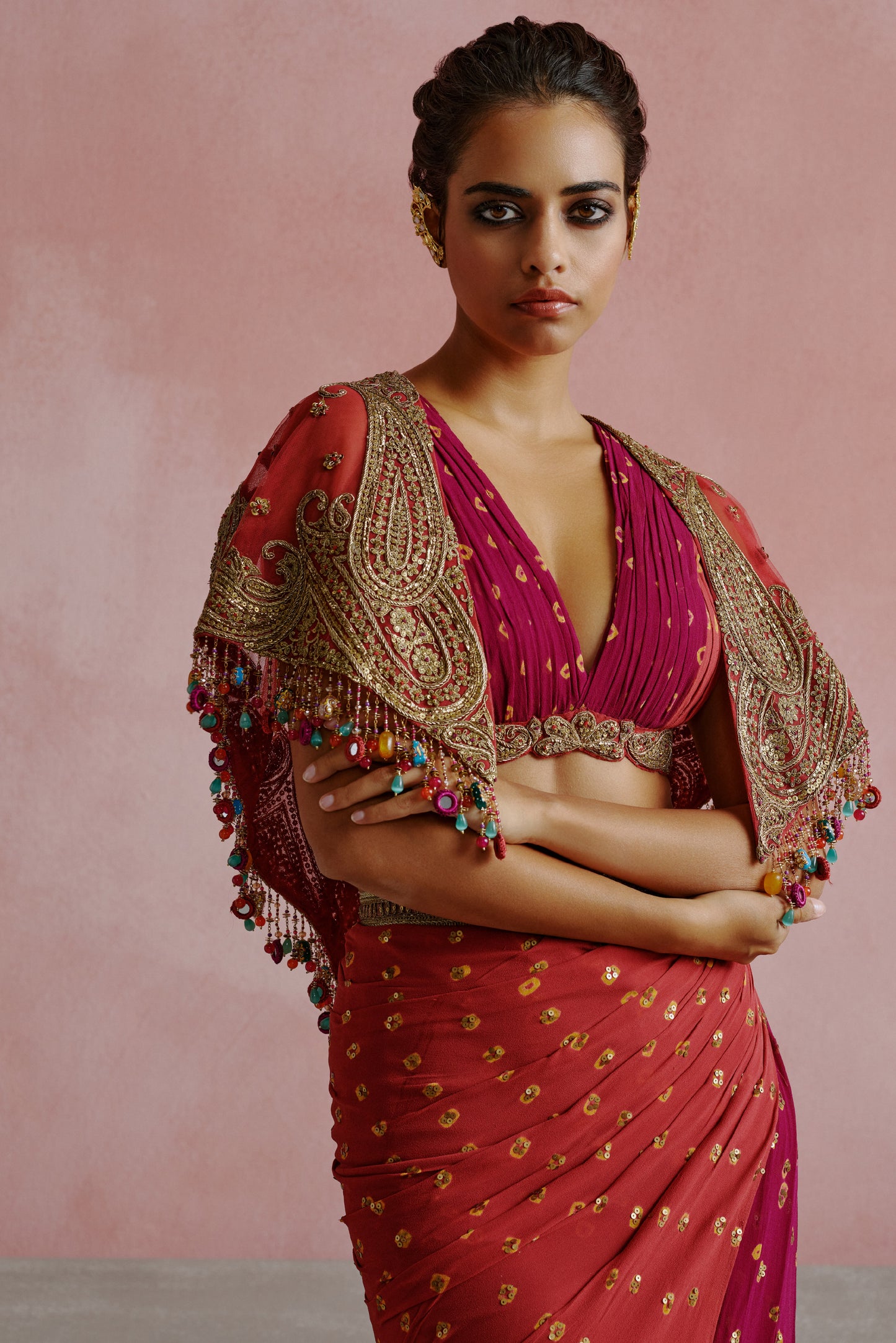 Deep Pink and Wine Bandhani Drape Skirt Set