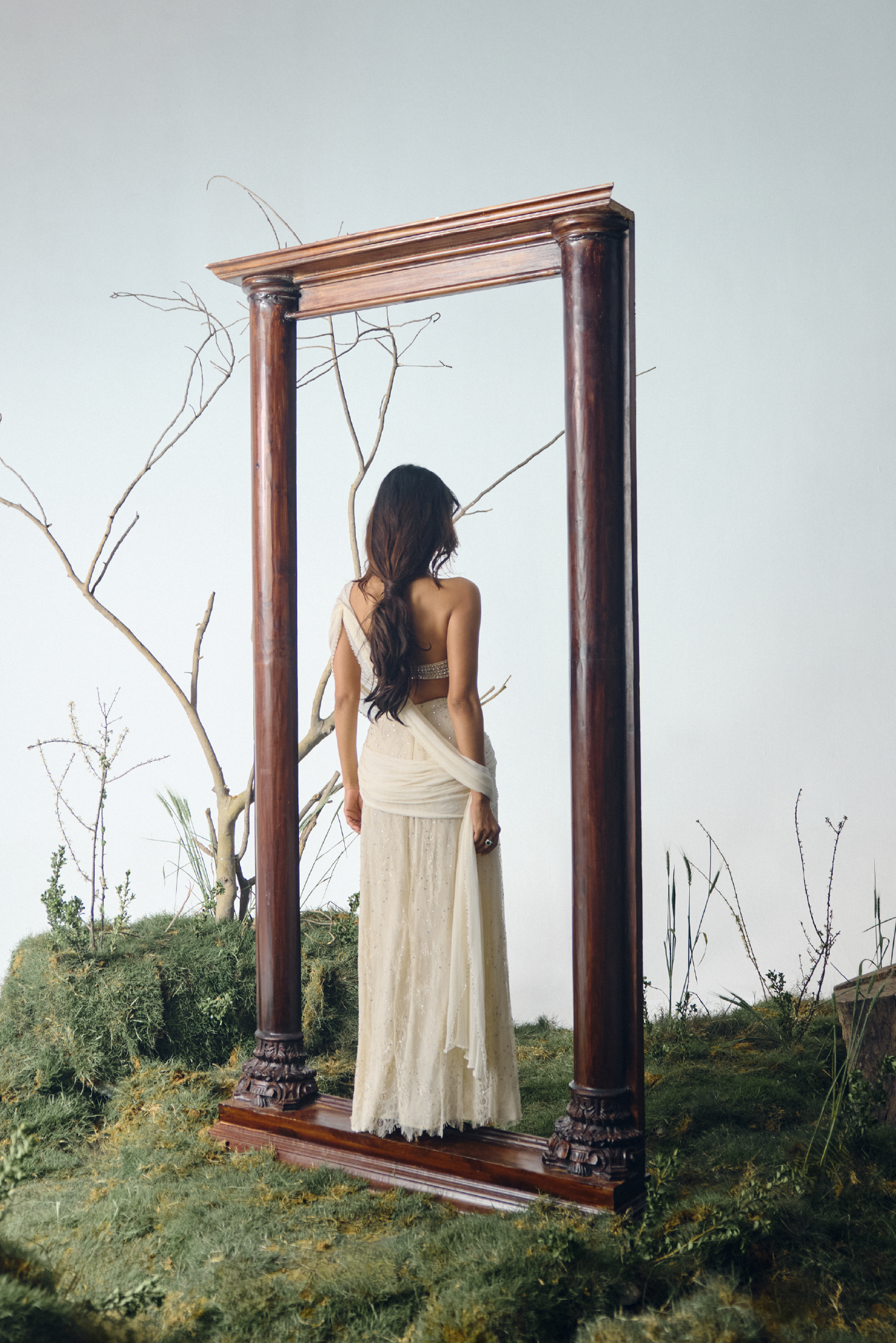 Ivory Crystal Embellished Lace Sari Set