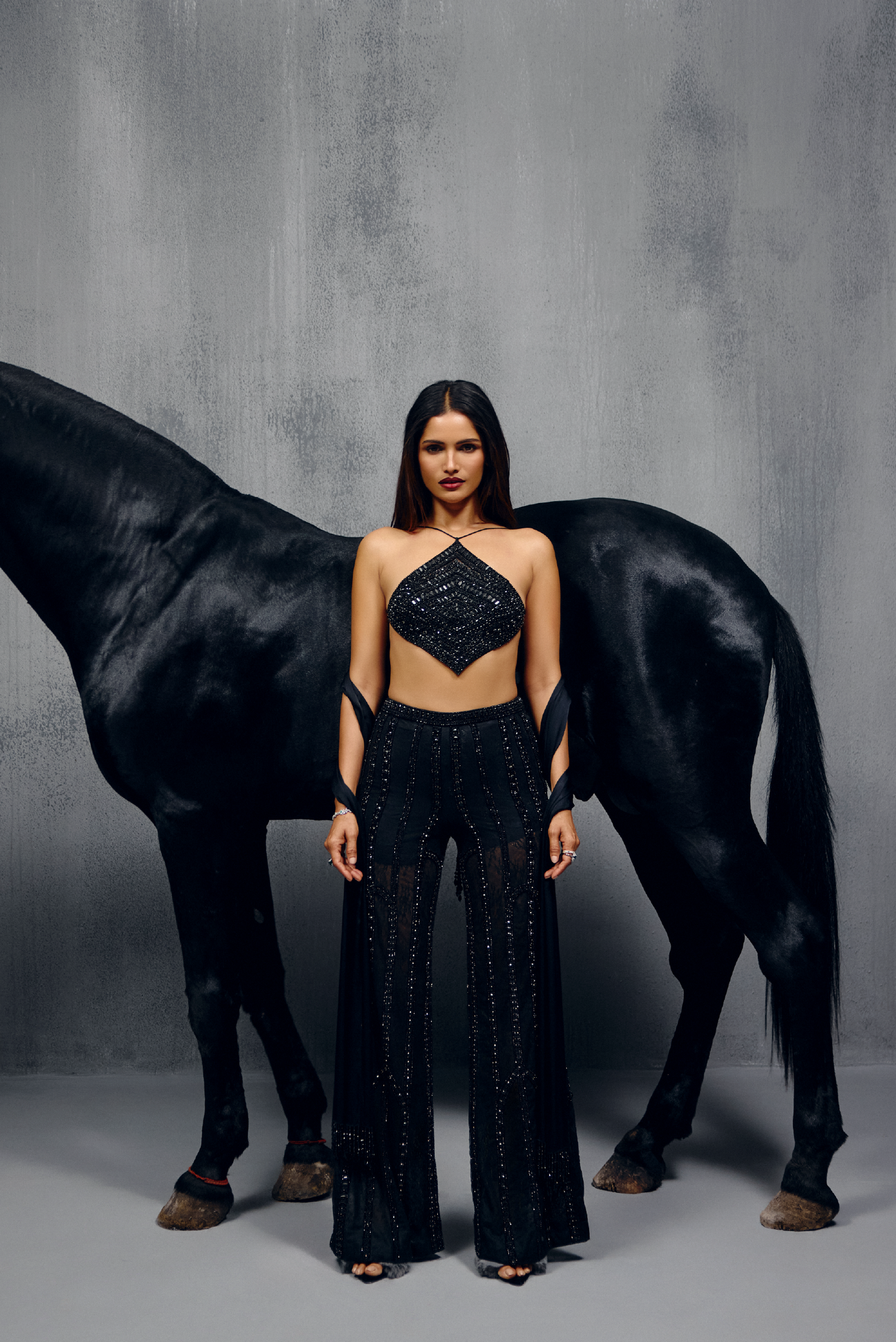 Black Stone Embellished Halter Co-ord Set