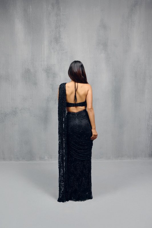 Black Stone Embellished Lace Sari Set