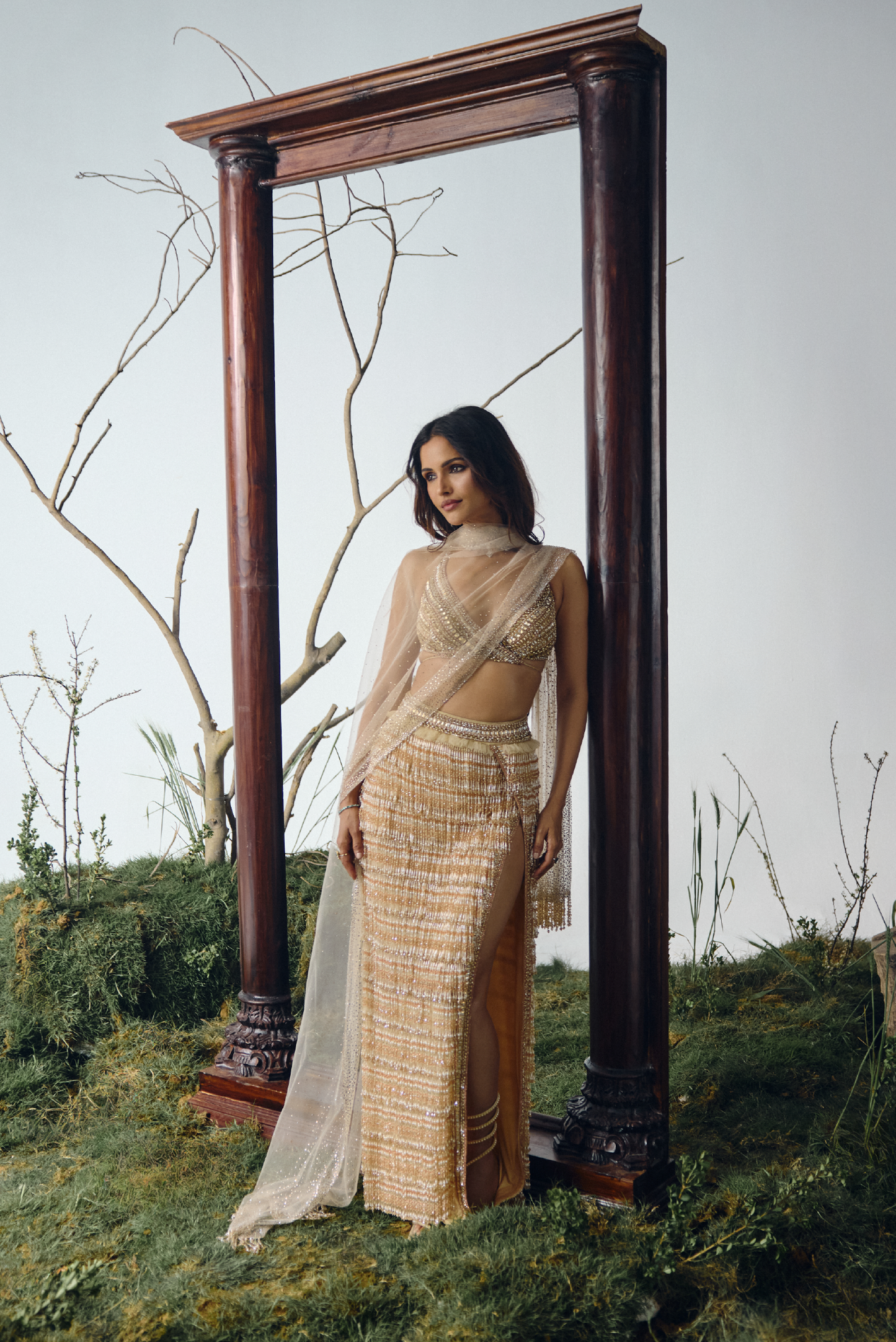 Champagne Fringe Embellished Lehenga Set