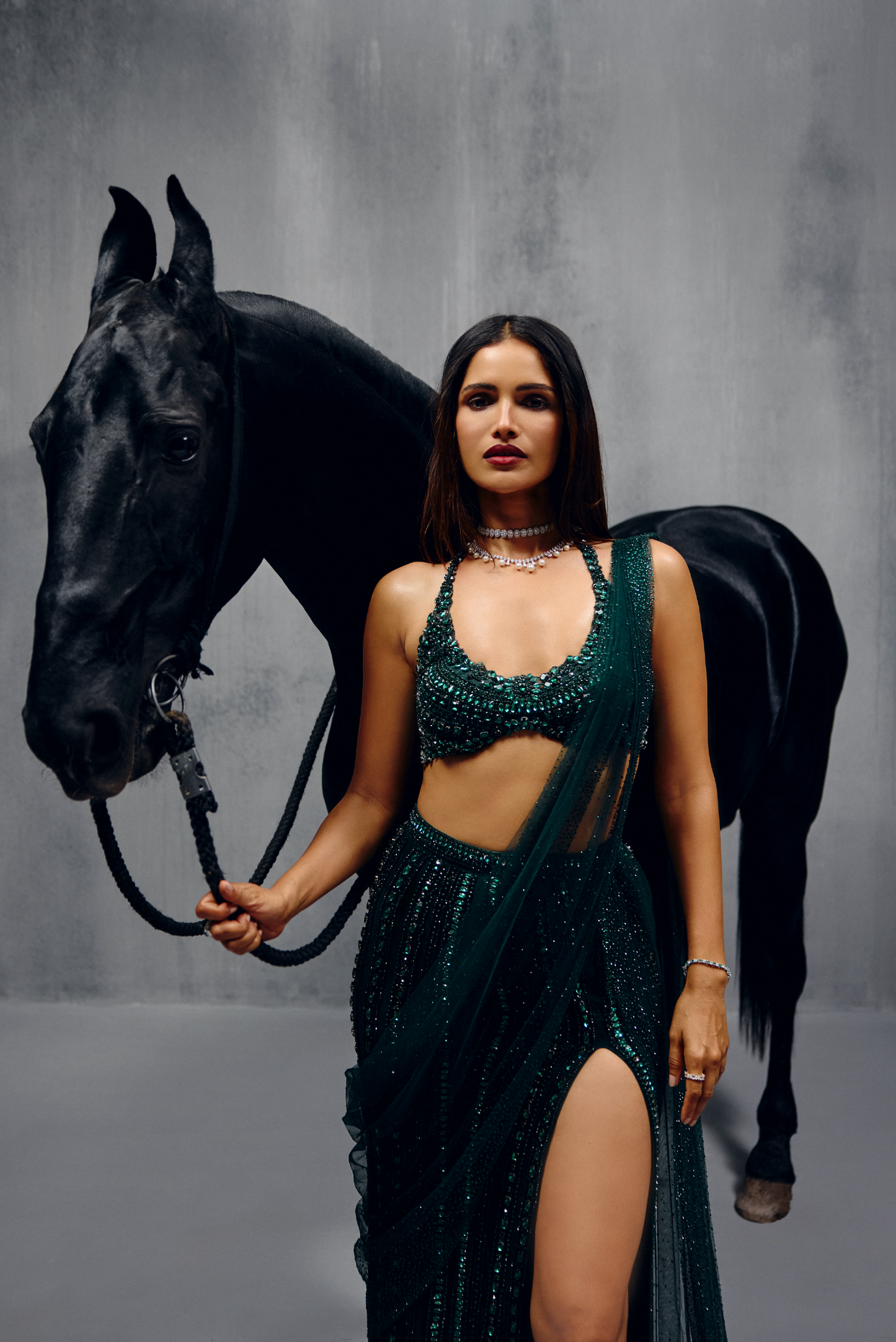 Bottle Green Stone Embellished Drape Skirt Set
