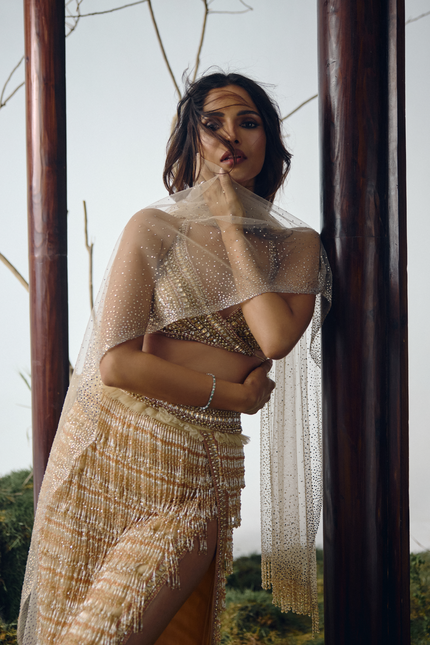 Champagne Fringe Embellished Lehenga Set