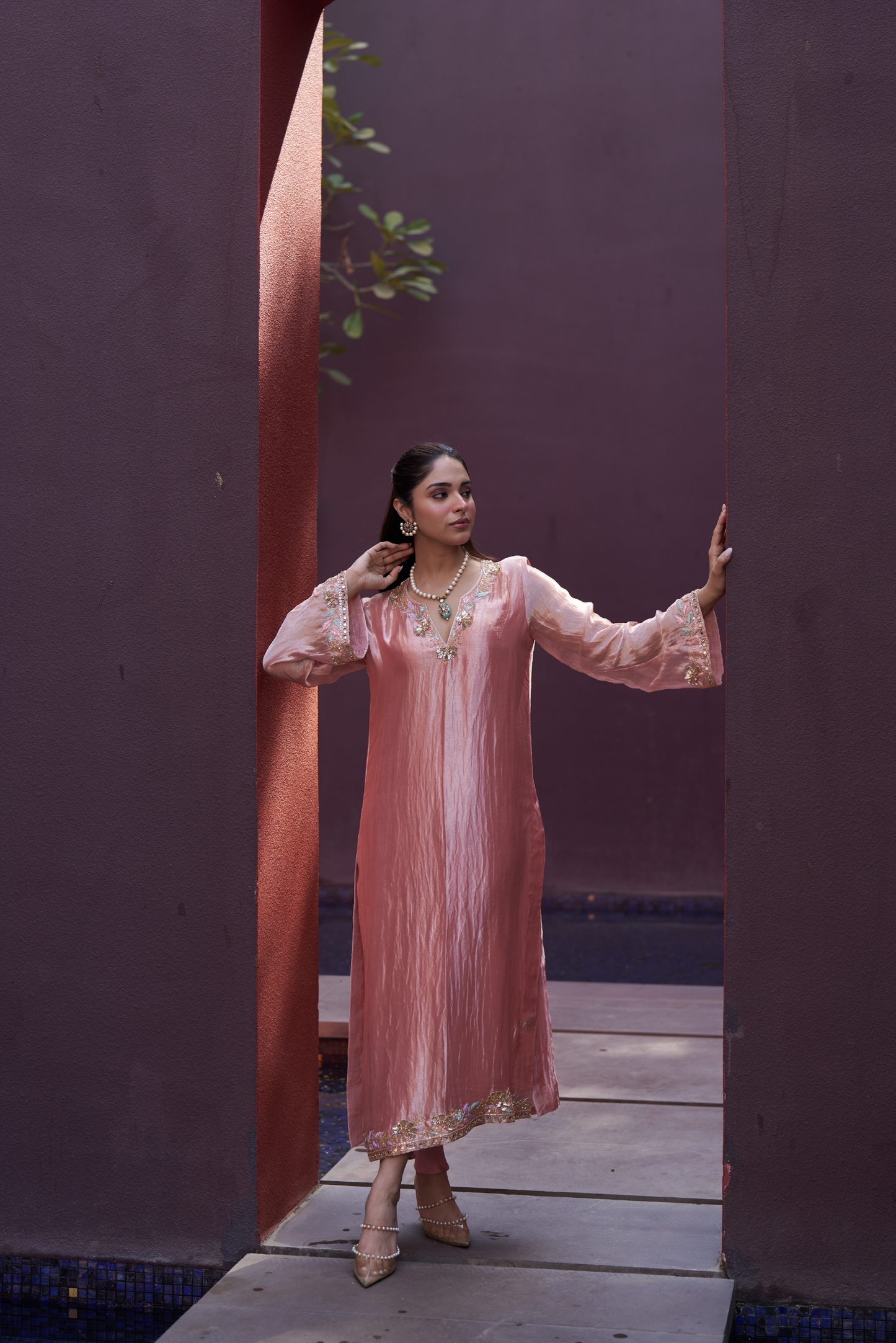 Rose Gold Hand Embroidered Long Kurta Set