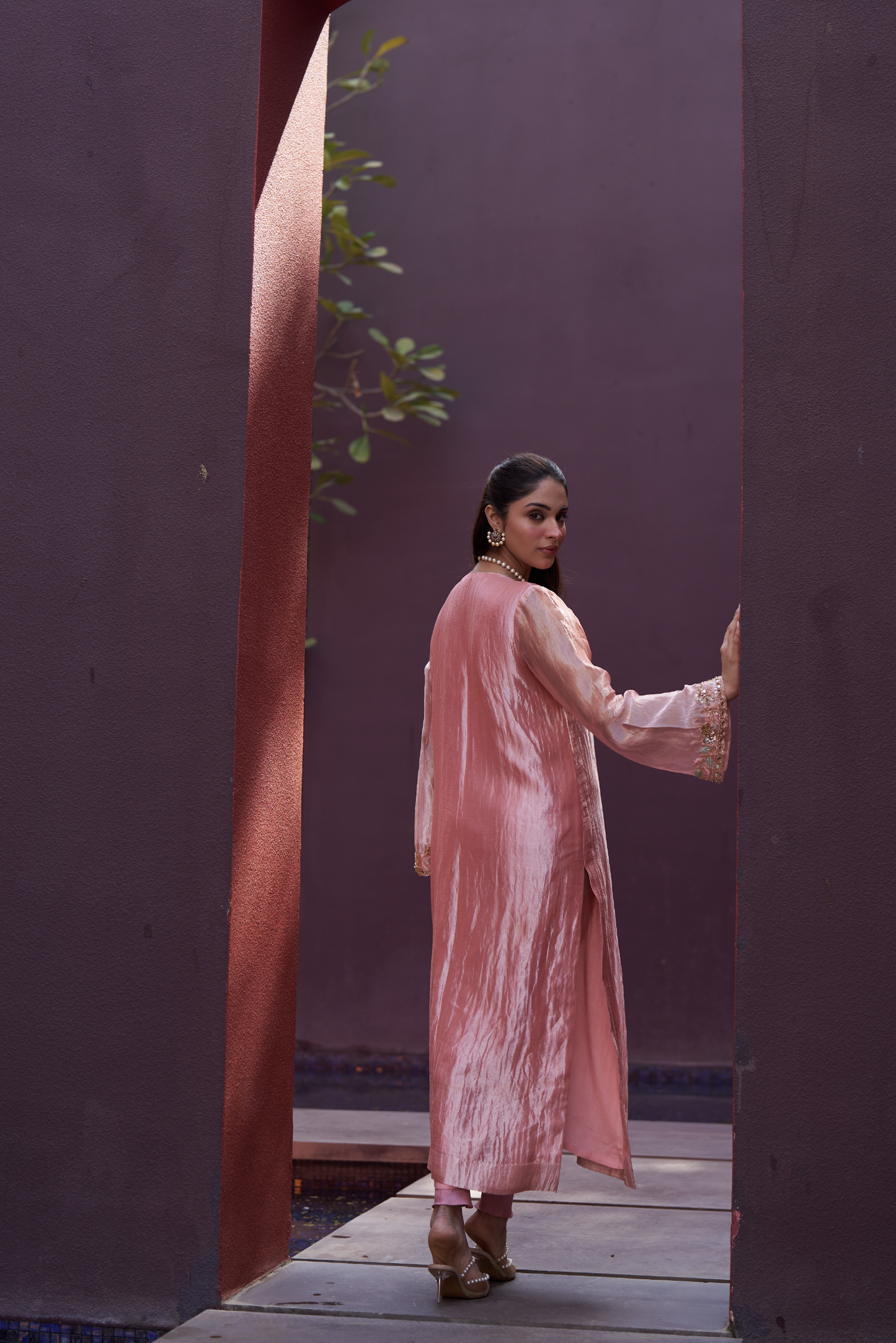 Rose Gold Hand Embroidered Long Kurta Set