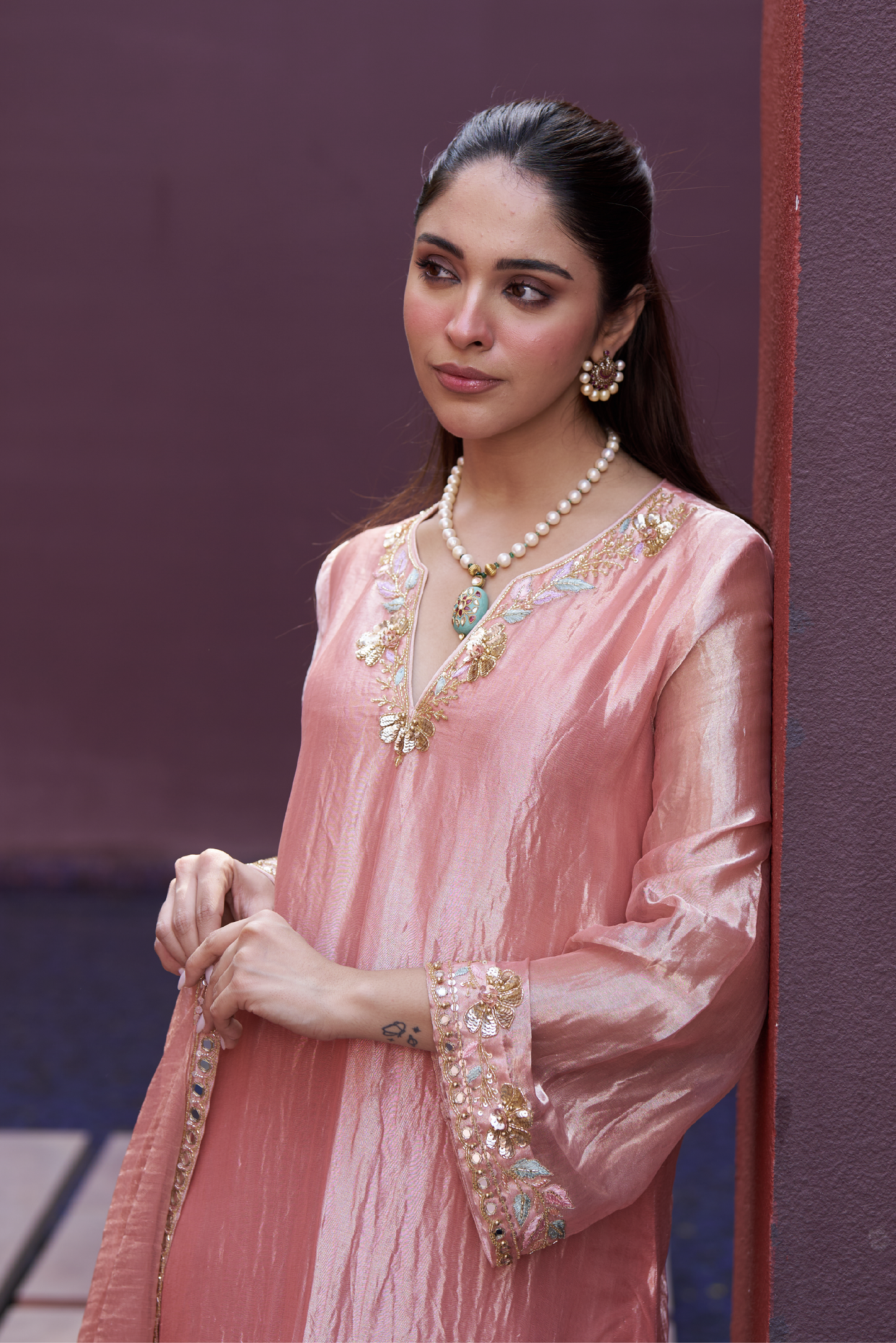 Rose Gold Hand Embroidered Long Kurta Set