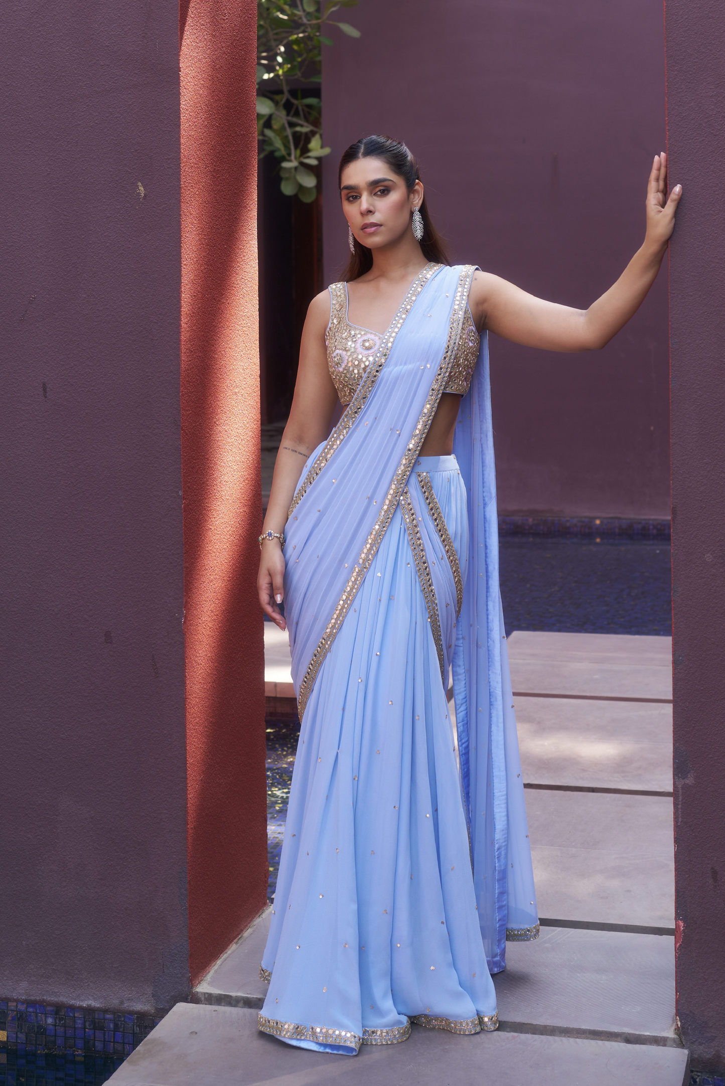 Pastel Blue Mirror Embroidered Drape Sari Set