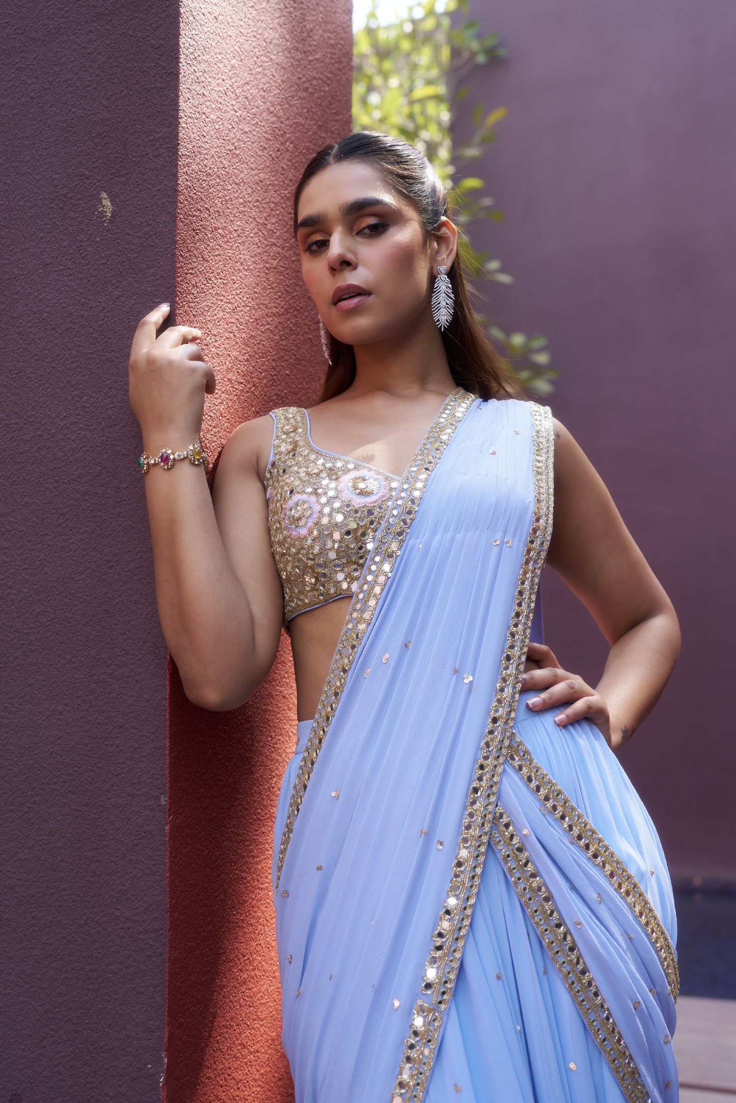 Pastel Blue Mirror Embroidered Drape Sari Set